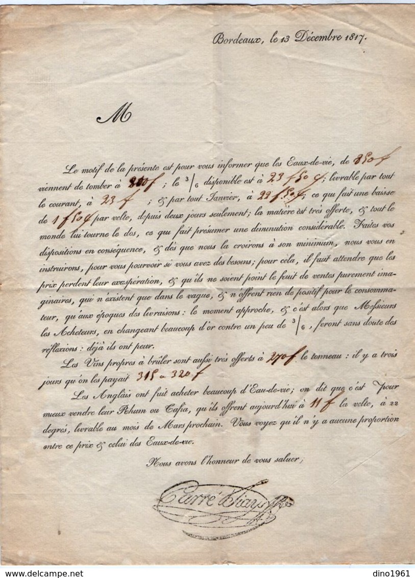 VP14.217 - BORDEAUX 1817 - Lettre Commerciale De Mr CARRE SIAYS - Marchandise Eaux - De - Vie - 1800 – 1899