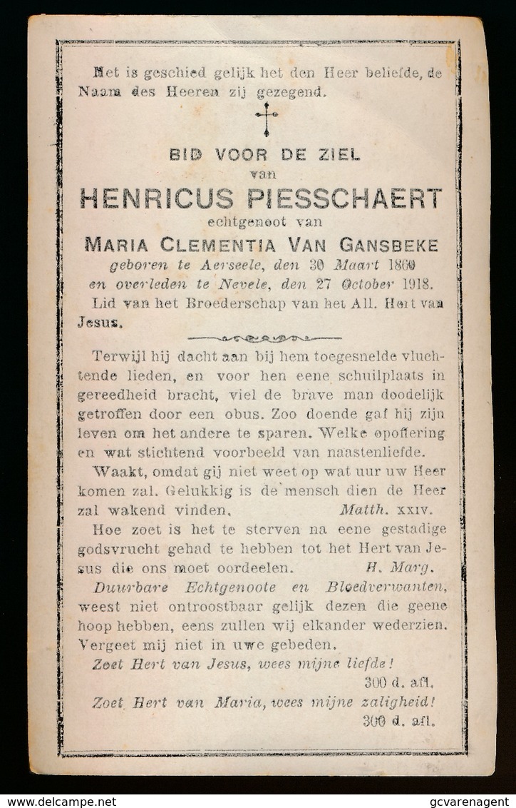 HENRICUS PIESSCHAERT   AARSELE     1860    NEVELE 1918   2 AFBEELDINGEN - Overlijden
