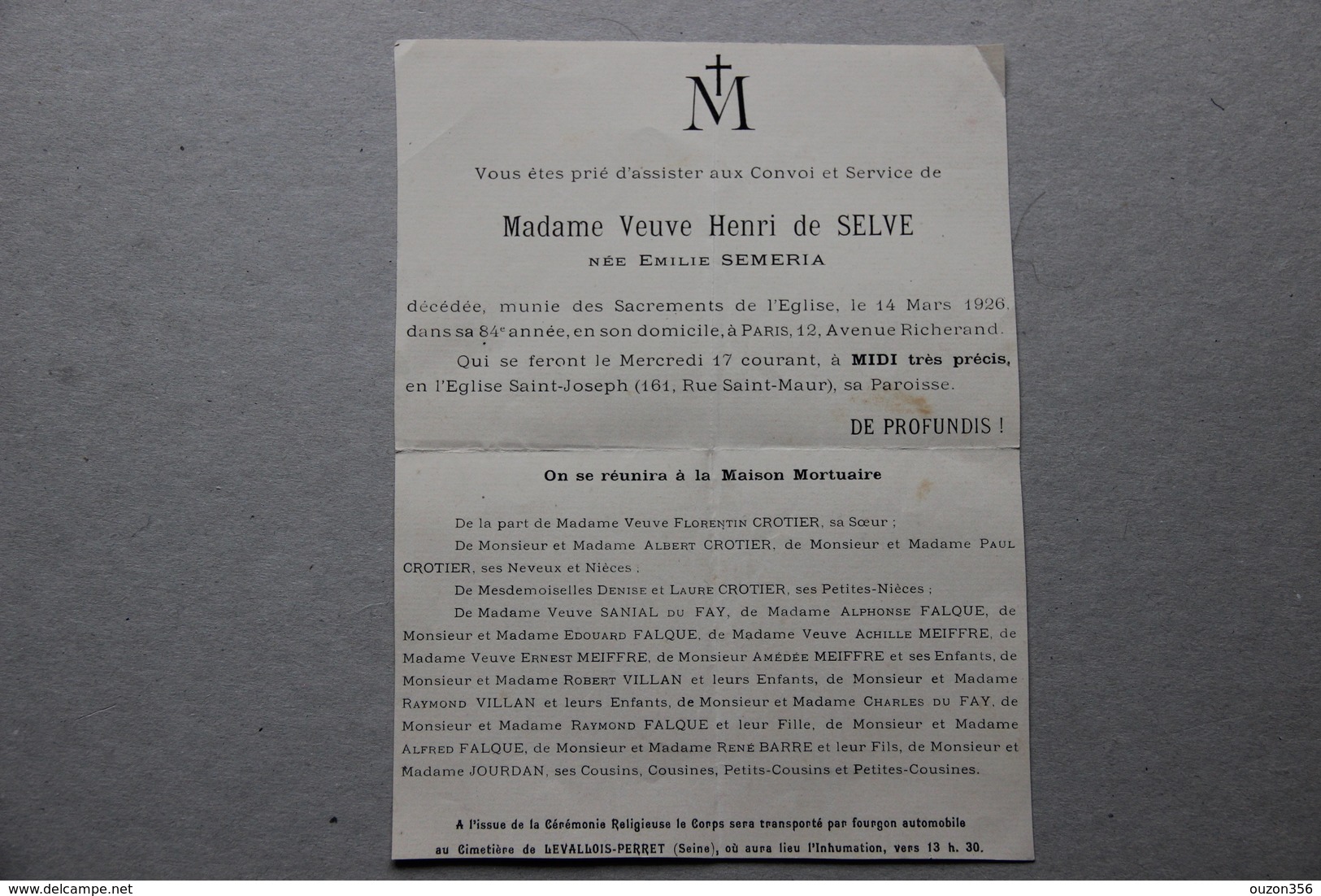 Faire-part De Décès Mme Veuve Henri De Selve Née Emilie Semeria , Paris 1926 - Décès