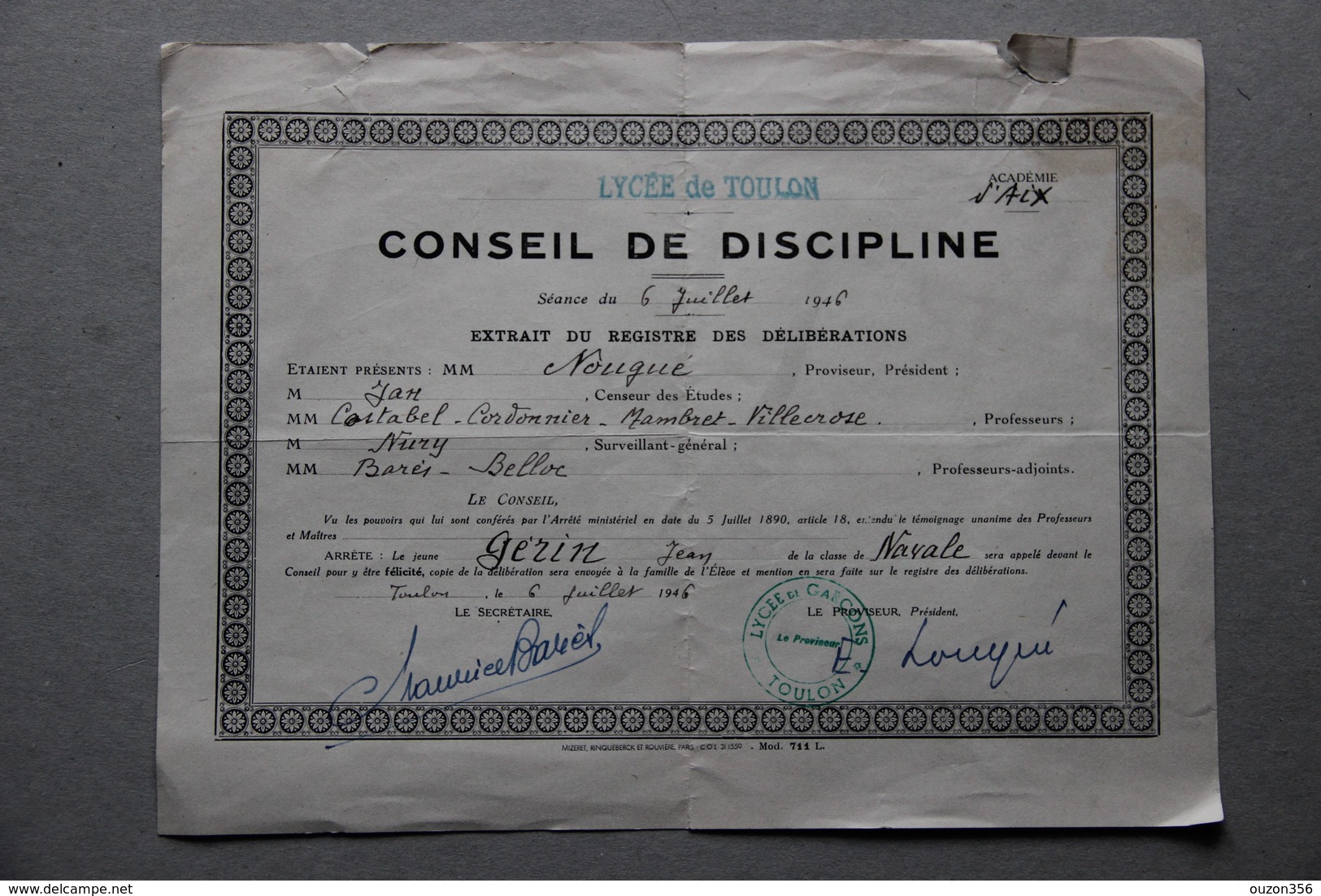 Lycée De Toulon (Var), Conseil De Discipline, Classe De Navale, Félicitations, 1946 - Diplômes & Bulletins Scolaires