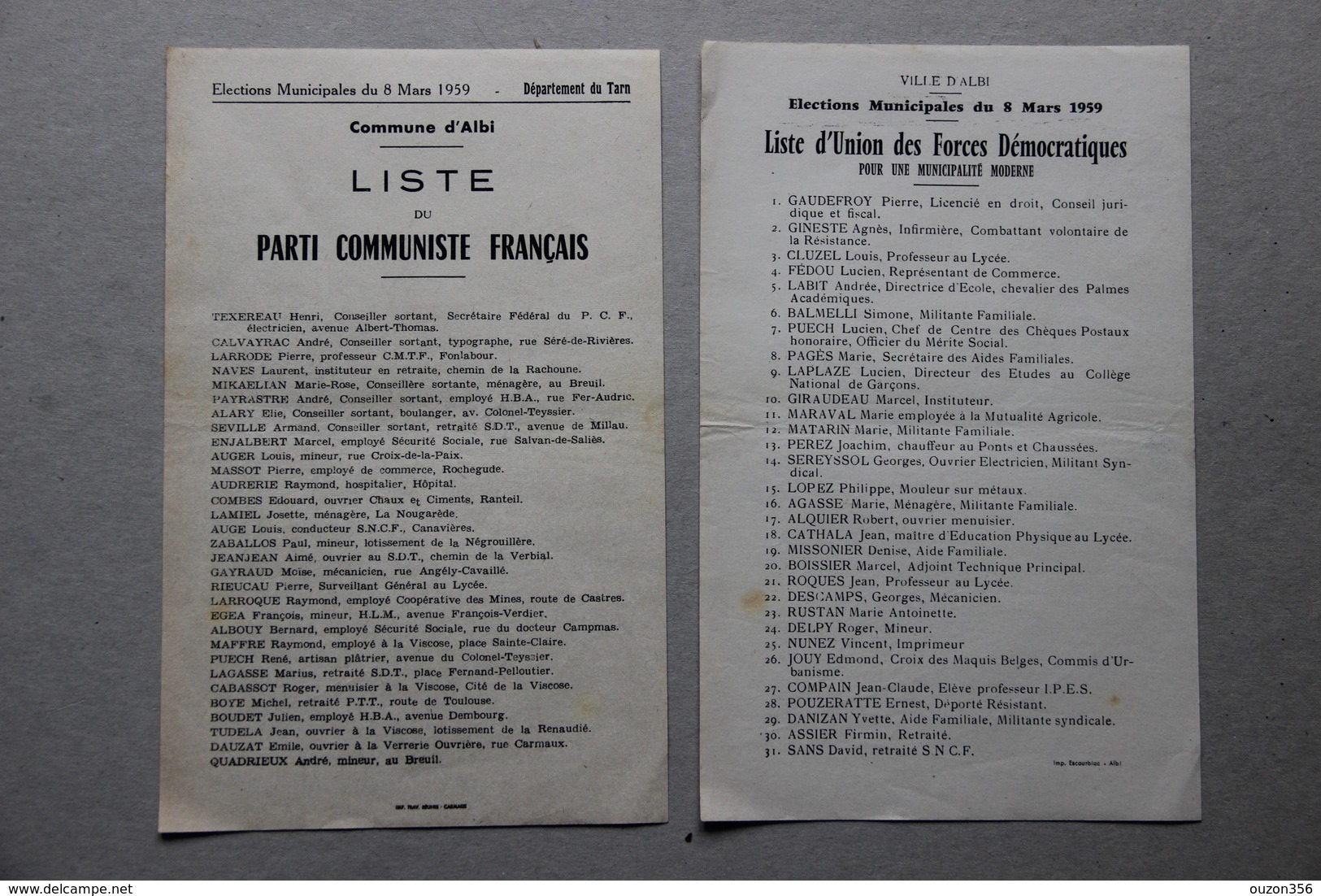 Albi (Tarn), Elections Municipales Du 8 Mars 1959, Listes Parti Communiste Français Et Union Forces Démocratiques - Sammlungen