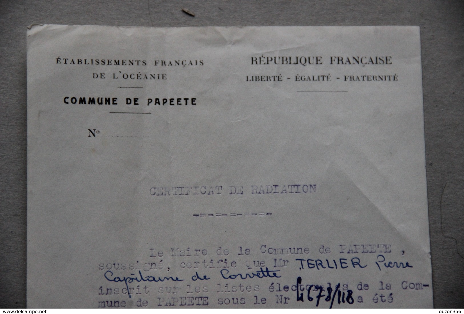 Commune De Papeete (Tahiti, Polynésie Française), Radiation Listes électorales, 1951 - Collections