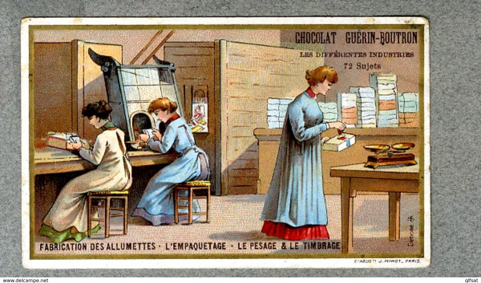 CHROMO Guerin-Boutron Usine Fabrication Allumettes Empaquetage Pesage Timbre Matches Factory Minot Victorian Trade Card - Guérin-Boutron