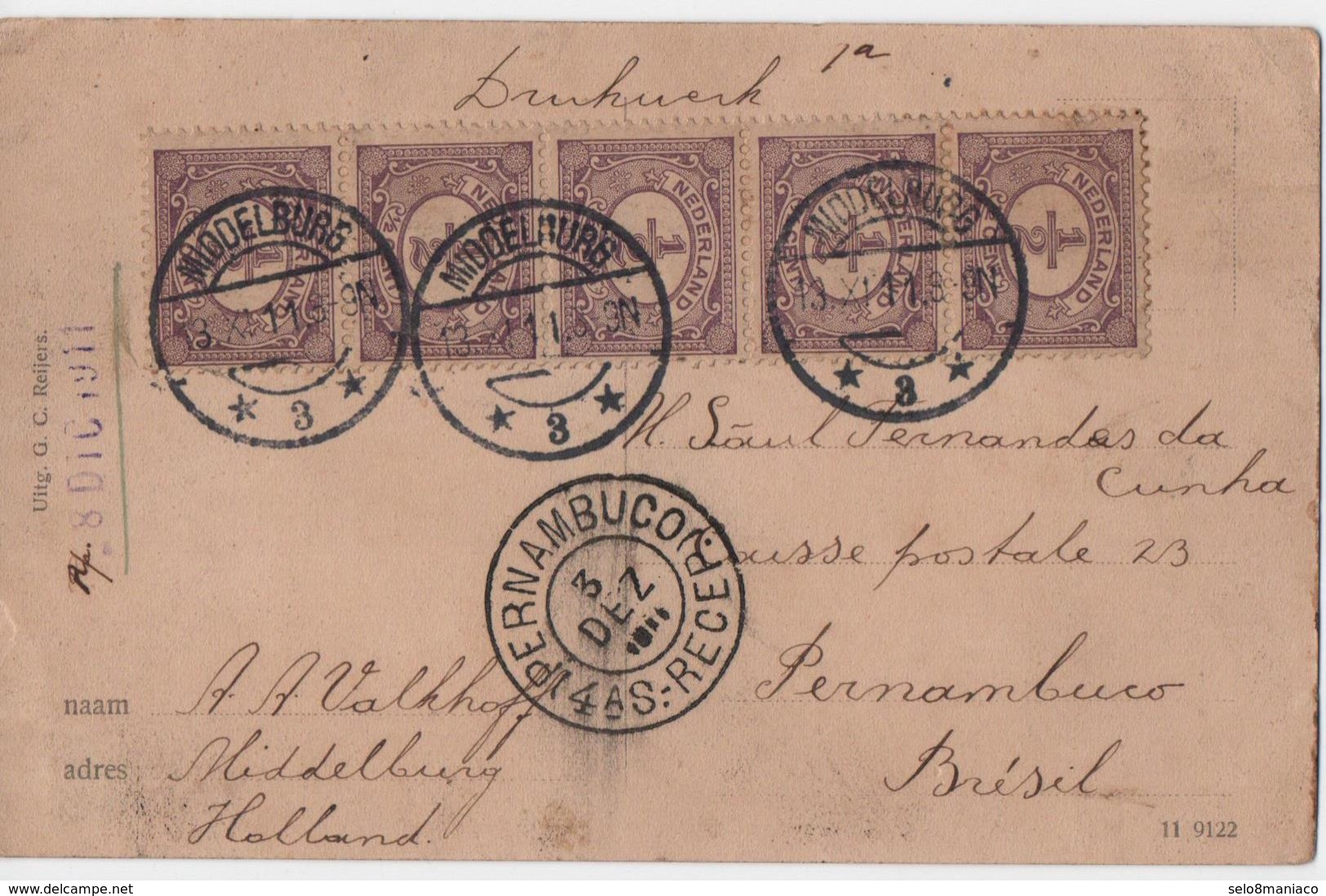 C3025-Netherlands-Multifranked PPC From Middelburg To Pernambuco, Brazil-1911 - Covers & Documents