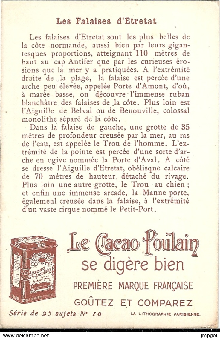 Chromos Chocolat Poulain Orange La France Pittoresque "Les Falaises D'Etretat" N°10 - Poulain