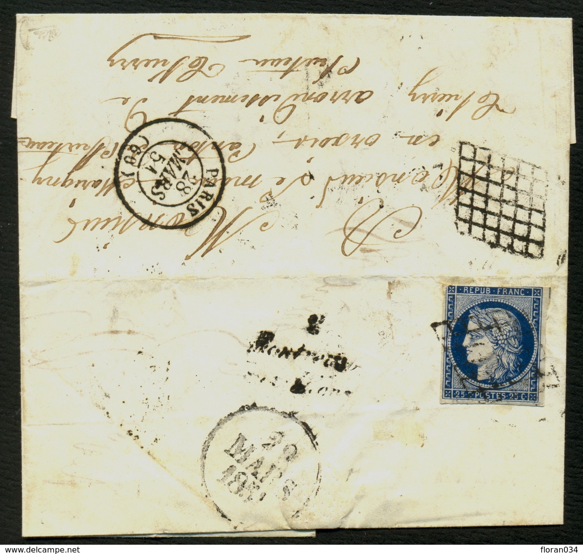 France N° 4a Obl. Grille + Cursive + Dateur A (rare) "29 Mars 1851" - Signé Calves - 1849-1850 Ceres