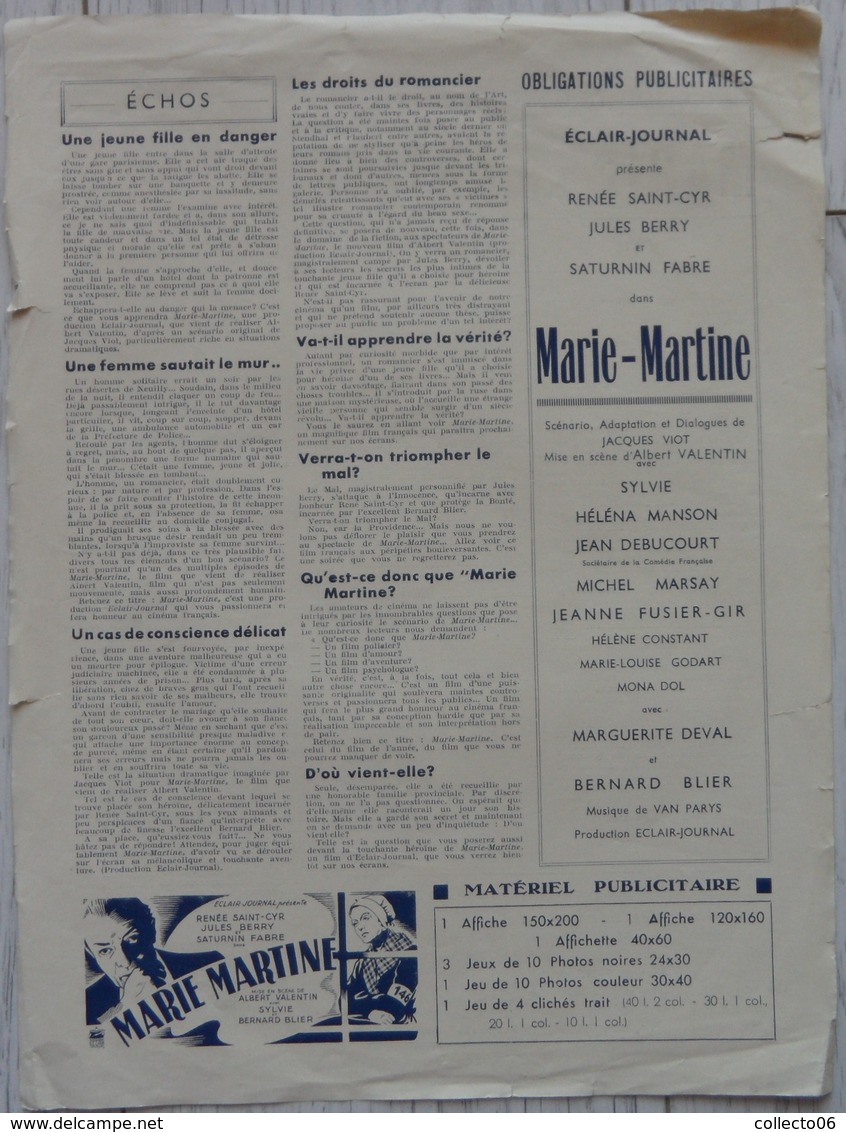 Feuille Promo Film Marie-Martine Bernard Blier 1943 - Publicité Cinématographique