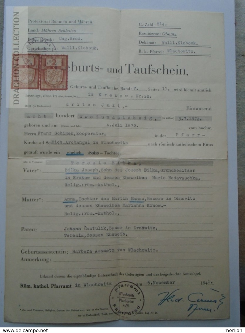 ZA155.11 Baptismal Certificate - WLACHOWITZ OLMÜTZ OLOMUC - Vlahovice - Tochter Bilka  1941 WWII Protektorat Mähren - Birth & Baptism