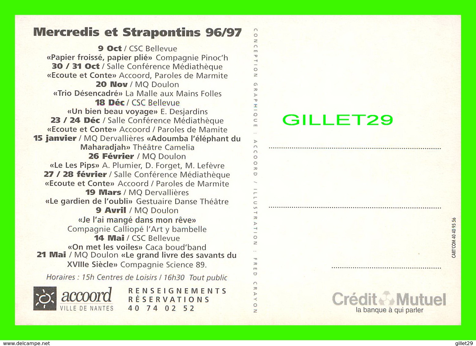 ADVERTISING, PUBLICITÉ - L'ACCORD PRÉSENTE MERCREDIS & STRAPONTINS 1996-97 - 3 PETITS COCHONS - - Advertising