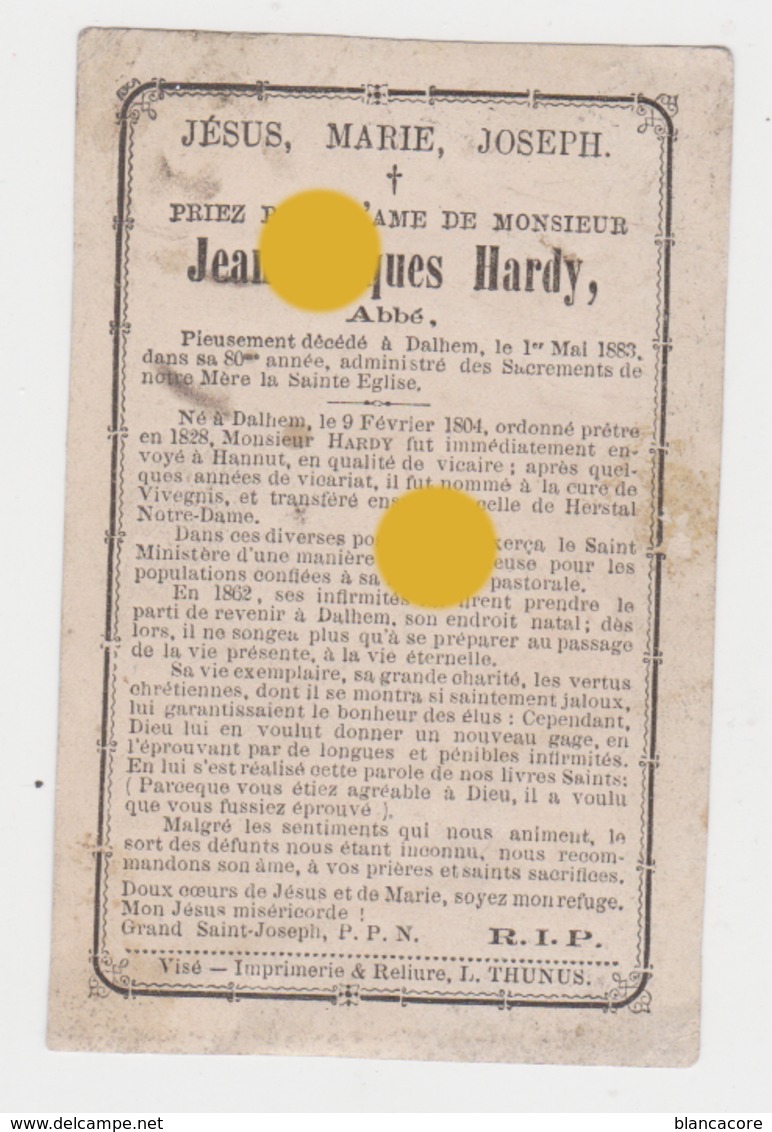 Abbé Jean Jacques Hardy DALHEM 1804 - 1883 + Vicaire à Hannut & Curé à Vivegnis , Herstal Puis Dalhem - Décès