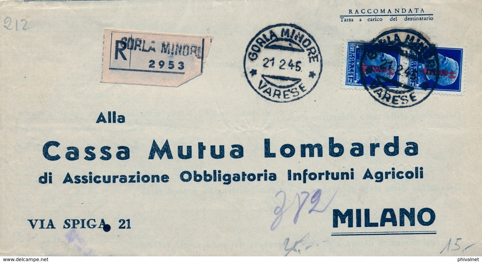 1945 , ITALIA , SOBRE CERTIFICADO , GORLA MINORE - MILANO - Marcofilía