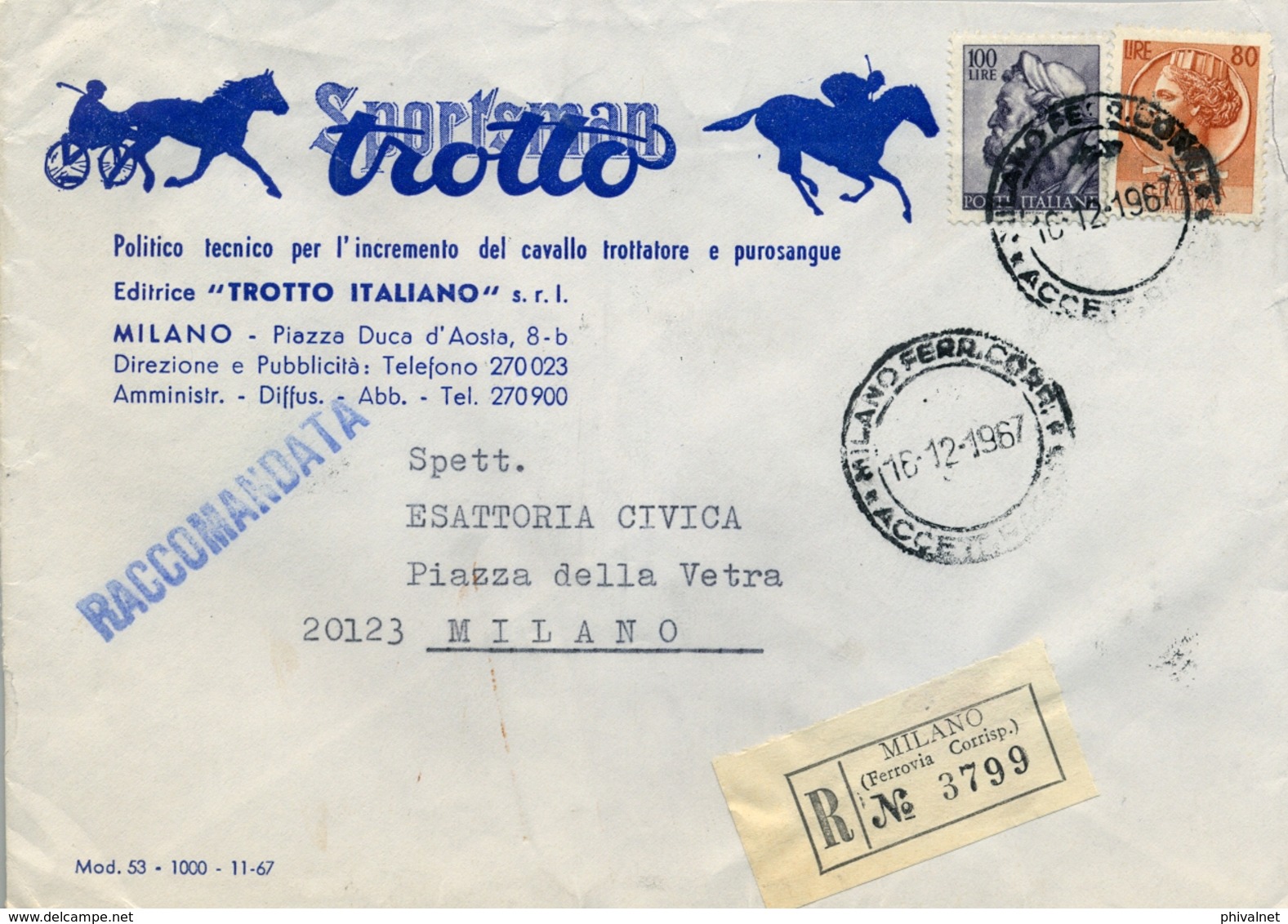 1967 , ITALIA , SOBRE CERTIFICADO , MILANO , HÍPICA , CABALLOS - 1961-70: Marcofilia