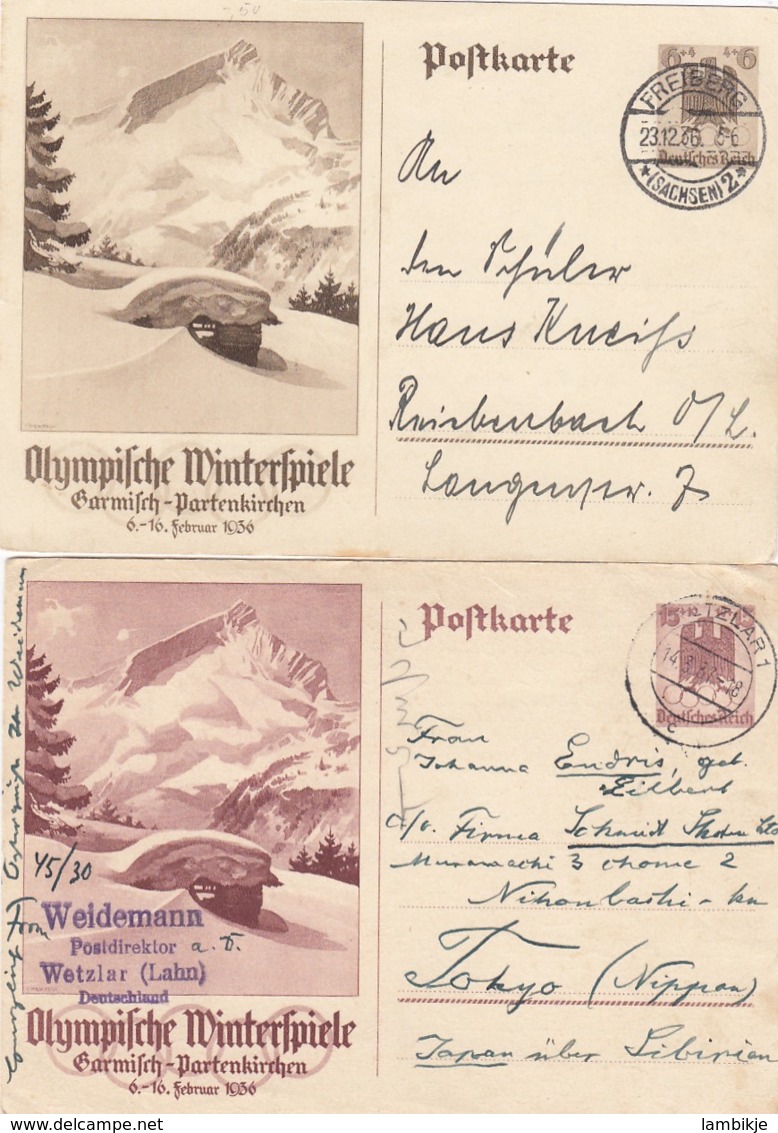 Deutsches Reich 2 Postkarten P257 + P258 1936 - Briefe U. Dokumente