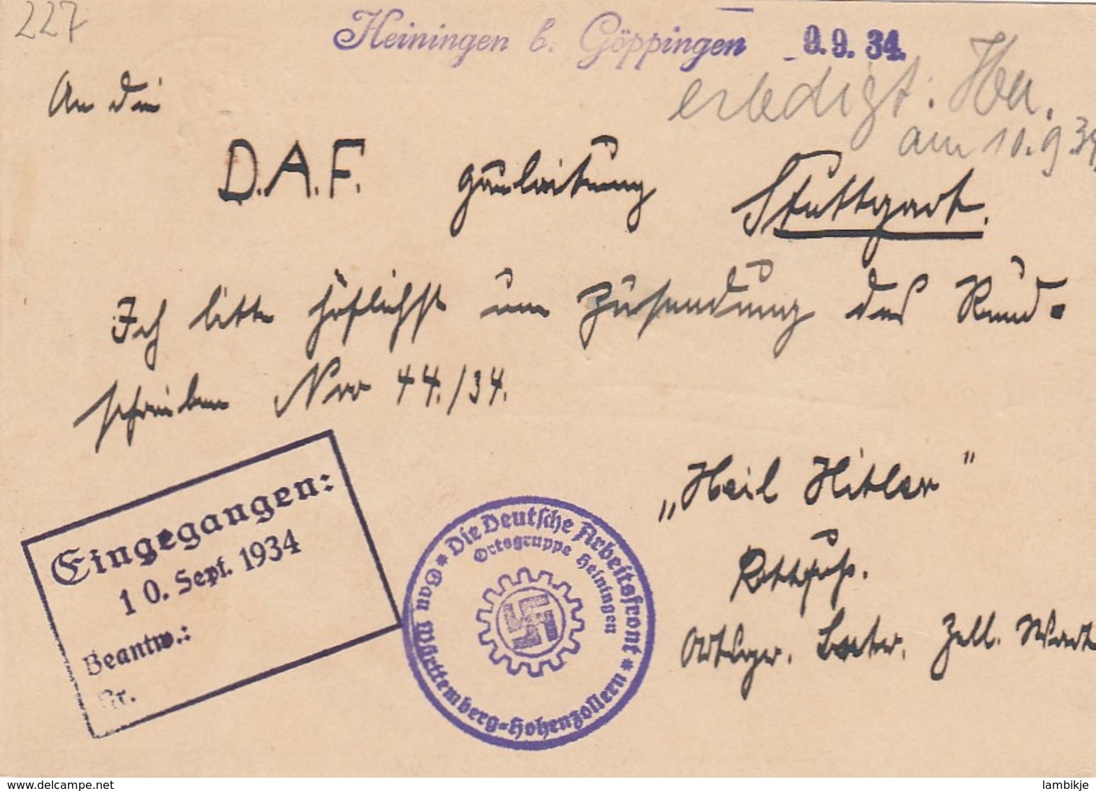 Deutsches Reich Postkarte P235A 1934 Mit Stempel Deutsche Arbeitsfront - Briefe U. Dokumente