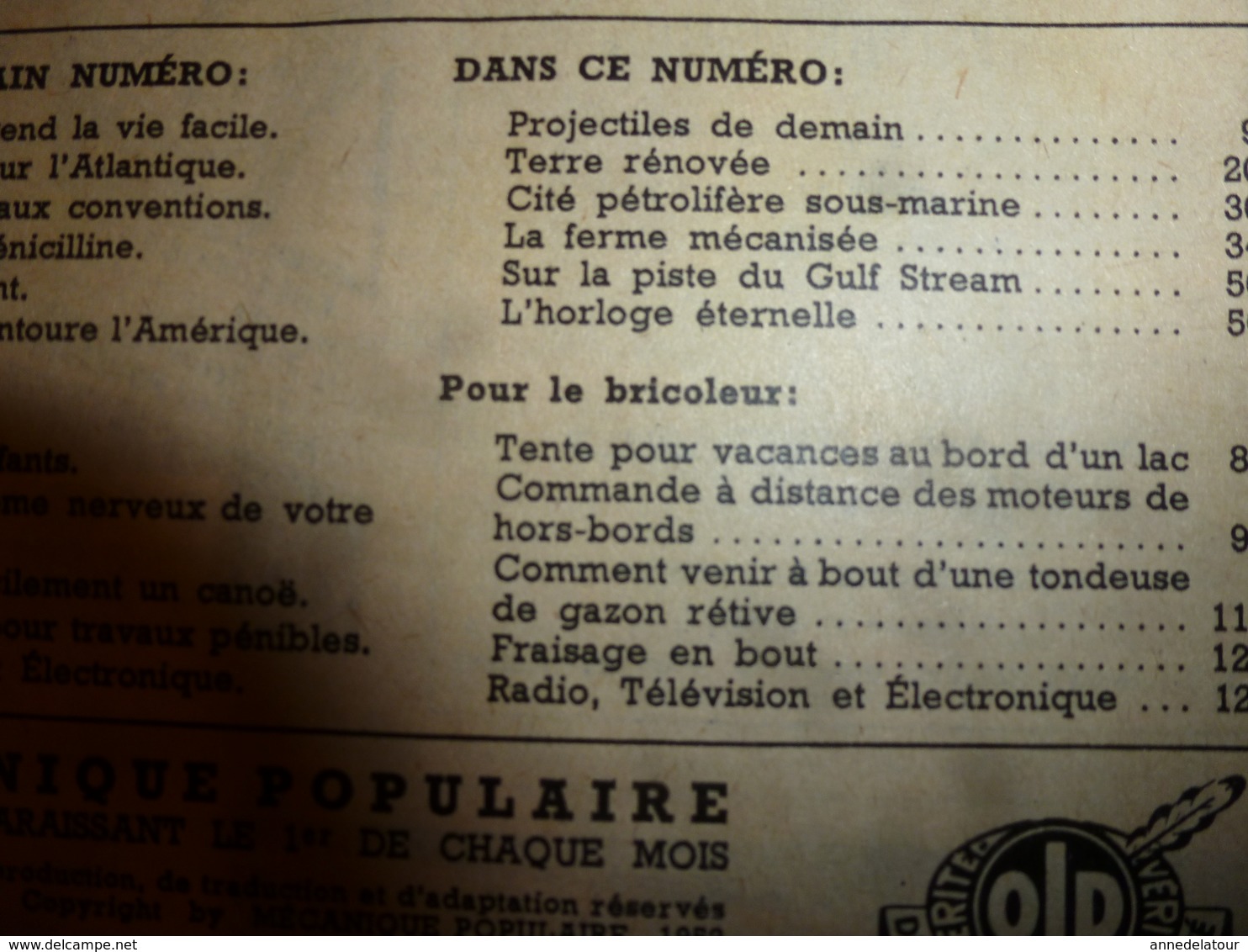 1952 MÉCANIQUE POPULAIRE: Projectiles De Demain; Faire Une Tente De Vacances Au Bord D'un Lac;Yachts De Course; Etc - Other & Unclassified