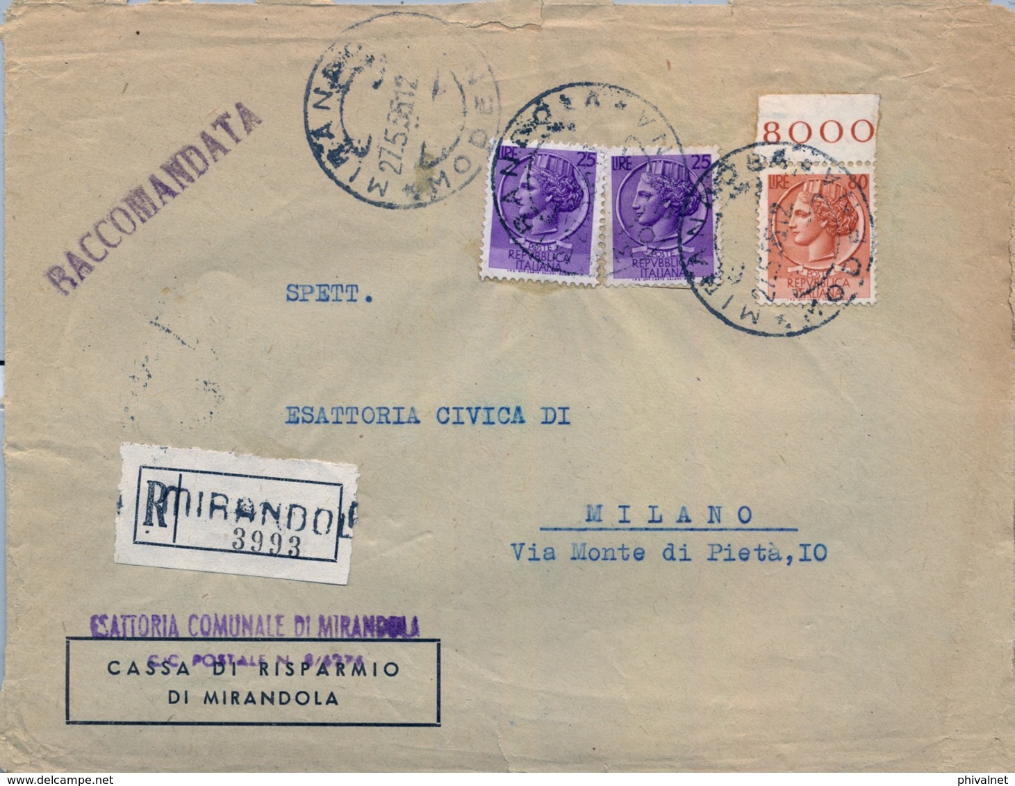 1955 , ITALIA , SOBRE CERTIFICADO , MIRANDOLA - MILANO - 1946-60: Marcofilia