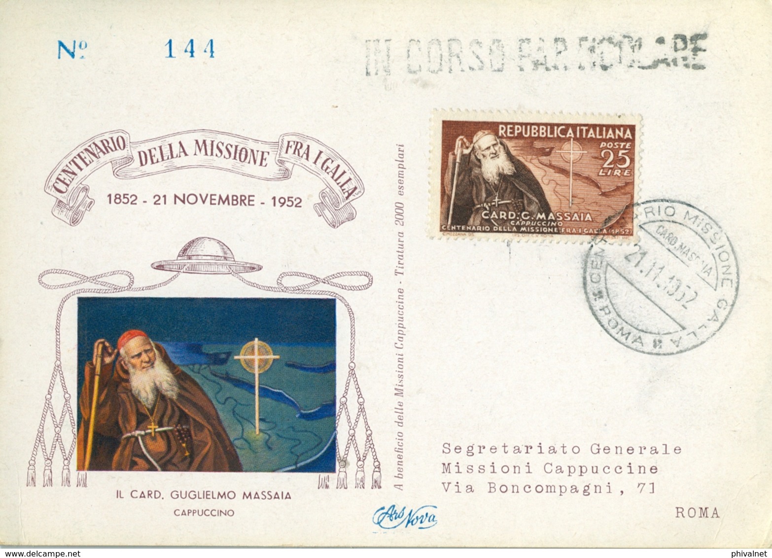 1952 , ITALIA , TARJETA CONMEMORATIVA , CENTENARIO DELLA MISSIONE FRAI GALLA , MAT. ESPECIAL - 1946-60: Marcophilie