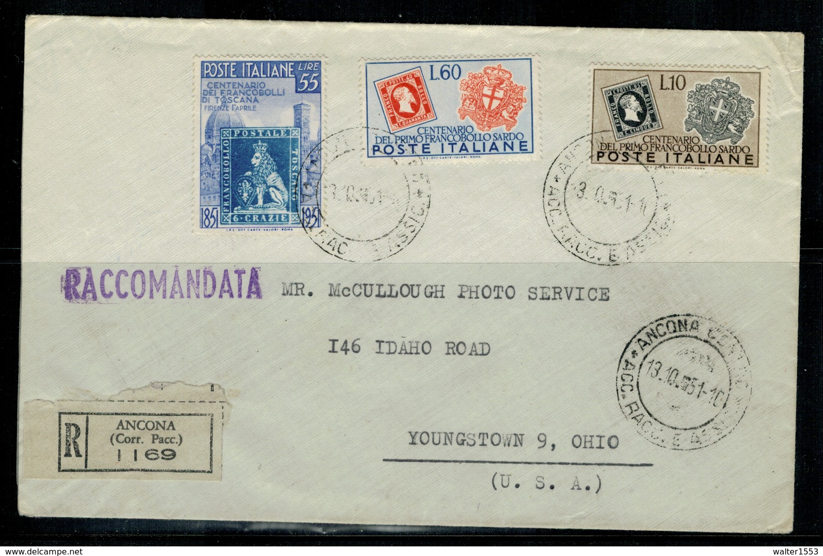 Storia Postale 1951 Lettera Da Ancona A Youngstown OHIO In Tariffa Affr. Con 55 Toscana + 60 + 10 Lire C Francob. Sardo - 1946-60: Storia Postale