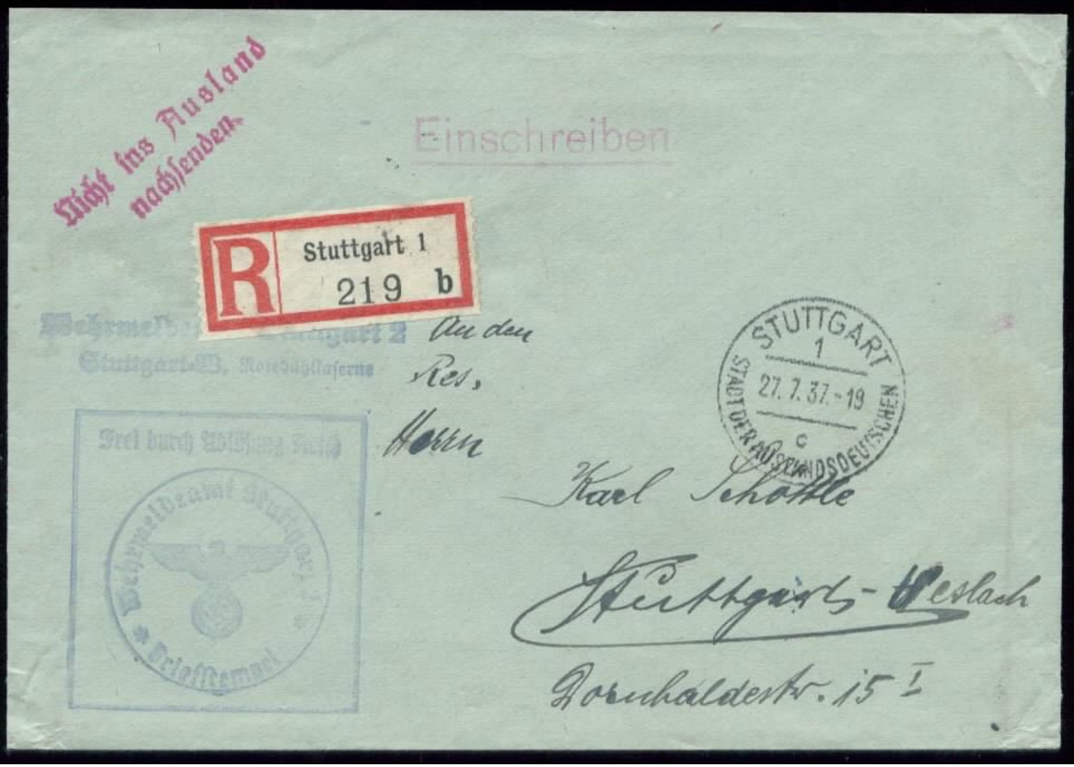 16543 DR Militär R- Brief Wehrmeldestelle Stuttgart 1937,  Bedarfserhaltung. - Briefe U. Dokumente