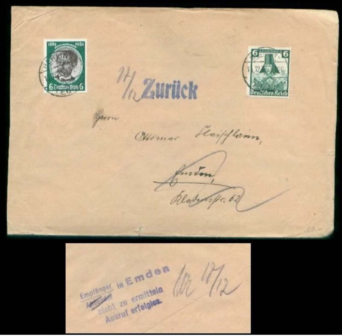 15928 DR Briefumschlag Retour  Berlin Tegel - Emden 1935 , Bedarfserhaltung. Versand Im Großbrief. - Briefe U. Dokumente