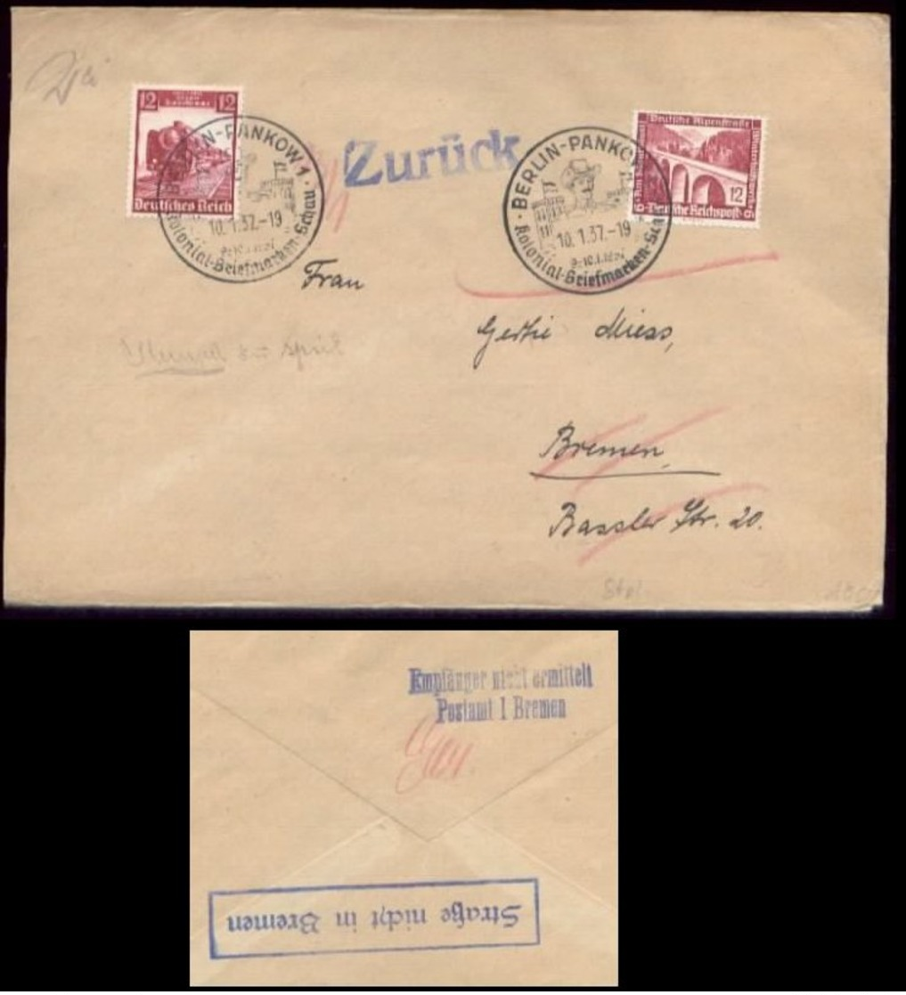 15927 DR Briefumschlag Retour Sonderstempel Berlin Pankow - Bremen 1937 , Bedarfserhaltung. Versand Im Großbrief. - Briefe U. Dokumente