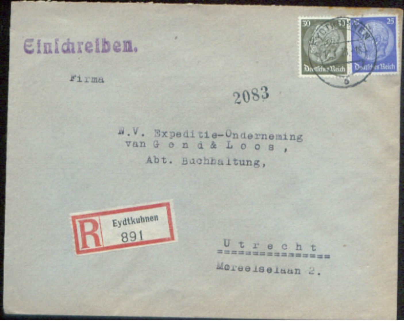 09246 DR R-  Brief Eydkuhnen Ostpreußen - Utrecht 1938 - Briefe U. Dokumente
