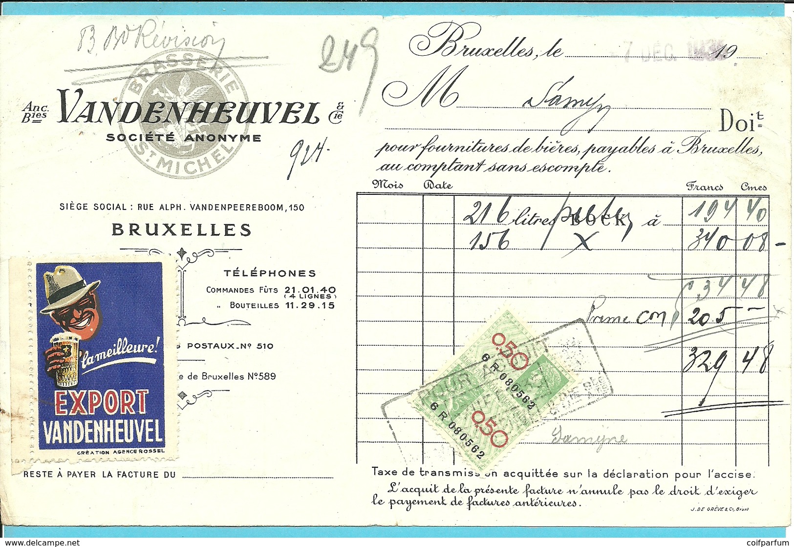 BRASSERIE VANDENHEUVEL ST-MICHEL BRUXELLES 1935 + Vignet EXPORT  !!!  (F565) - 1900 – 1949