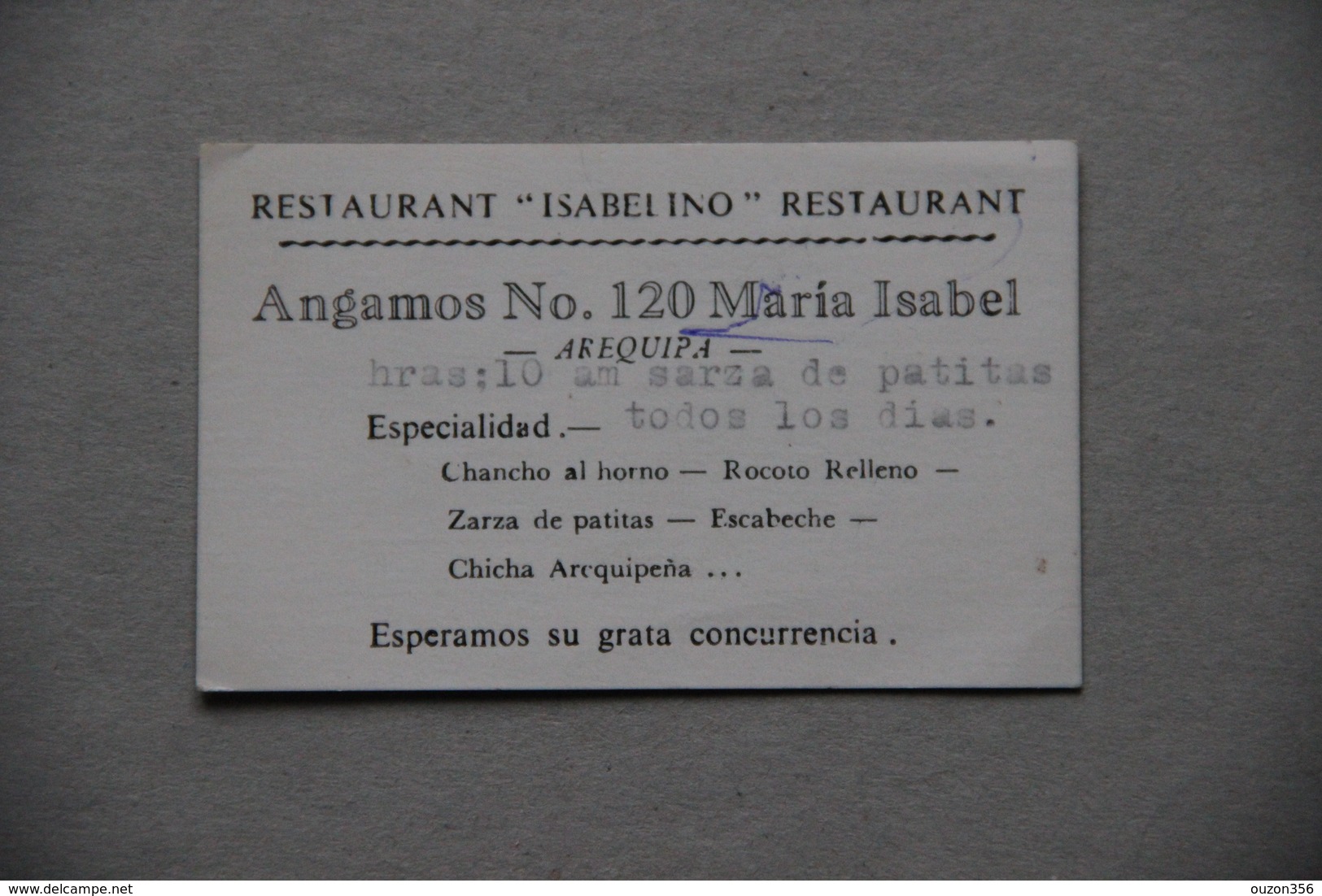 Carte Restaurant Isabelino à Arequipa (Pérou) - Autres & Non Classés