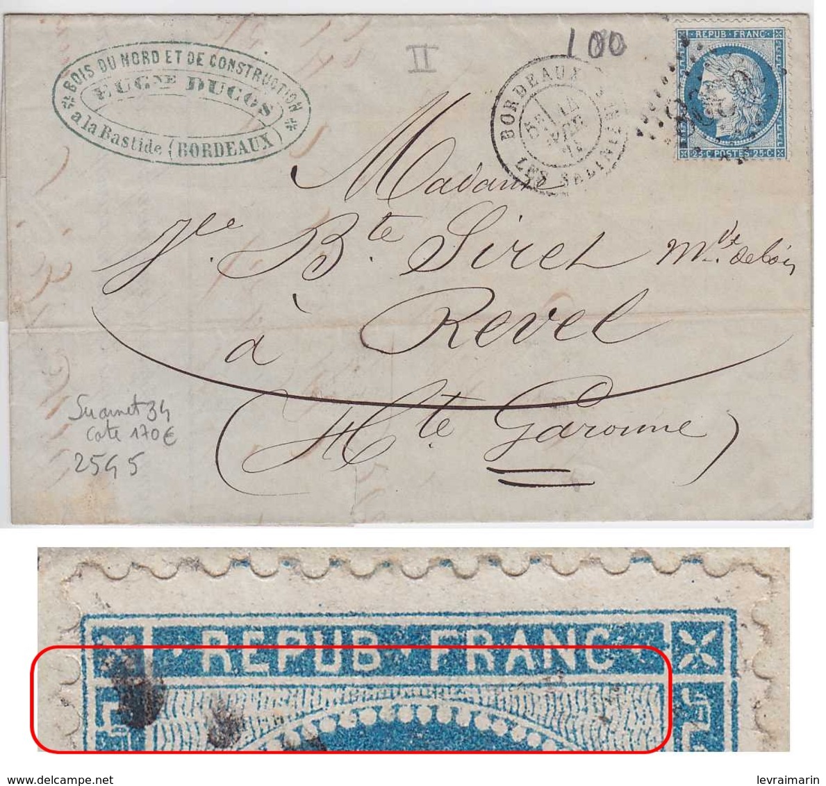 N°60B Sur Lettre, Superbe Variété Suarnet 34, Position 25G5, Grande Griffe Banche Dans L'imbriquement, TB - 1871-1875 Ceres