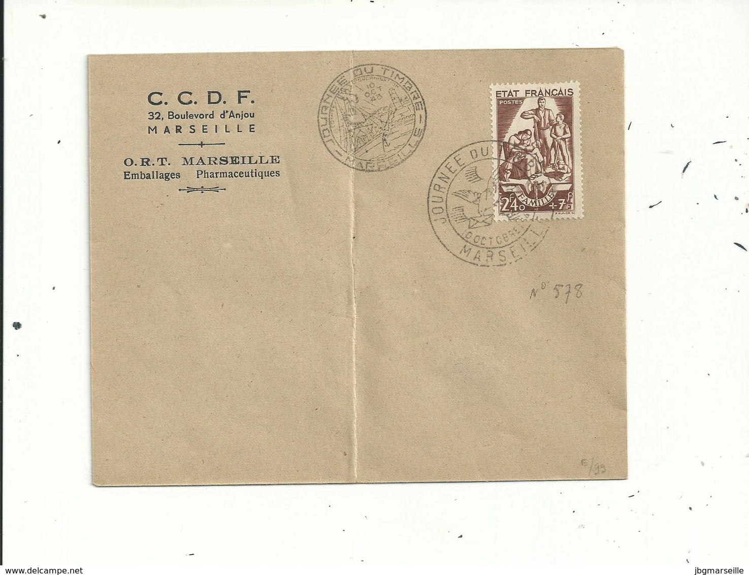 1 Enveloppe Journée Du Timbre ....10 Oct 1943...avec N° 578 ..(2.40fr + 7.00fr )....FAMILLE.....à Voir.... - 1941-42 Pétain
