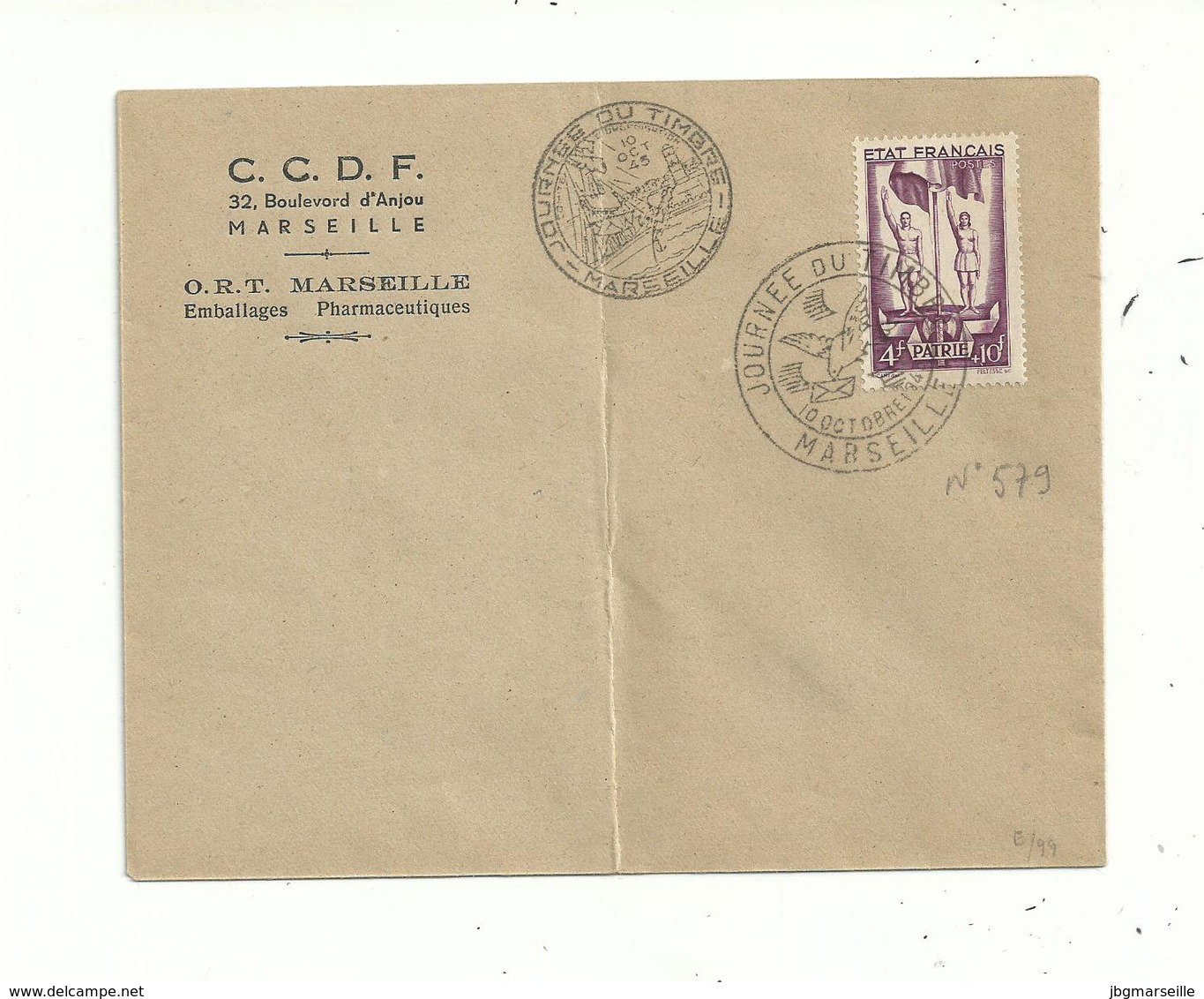 1 Enveloppe Journée Du Timbre ....10 Oct 1943...avec N° 579 ..(4.00fr + 10.00fr )....PATRIE.....à Voir.... - 1941-42 Pétain