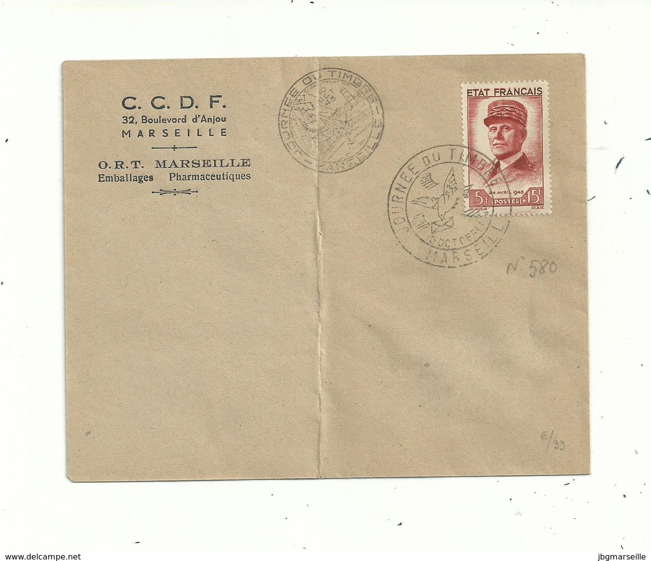 1 Enveloppe Journée Du Timbre ....10 Oct 1943...avec N° 580 ..(5.00fr + 15.00fr )....PETAIN.....à Voir.... - 1941-42 Pétain