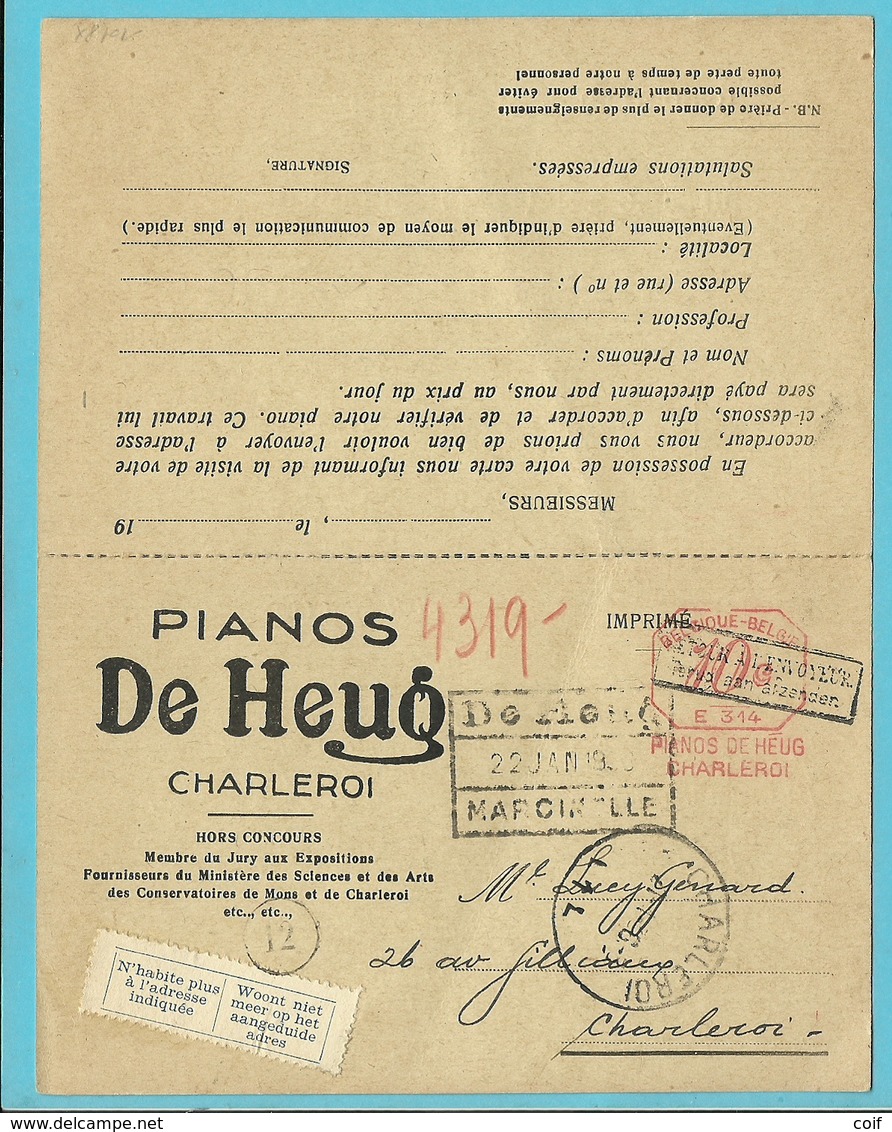 Kaart Met Roodfrankeering "PIANOS DE HEUG / CHARLEROI" / E314 Naar CHARLEROI Met Strookje N'Habite Plus...... - ...-1959