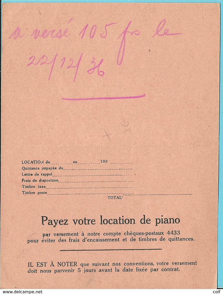 Ontvangkaart (carte-recepisse) Stempel CHARLEROI Met Roodfrankeering "PIANOS DE HEUG / CHARLEROI" / E314 - ...-1959