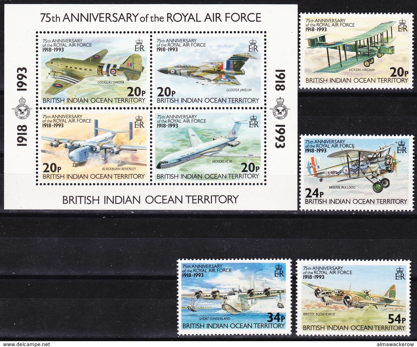 BIOT British Indian Ocean Territory 1993 RAF 75 Years Compl. + MS Mi 136-139 + Bl 4 MNH **, I Sell My Collection! - Territoire Britannique De L'Océan Indien