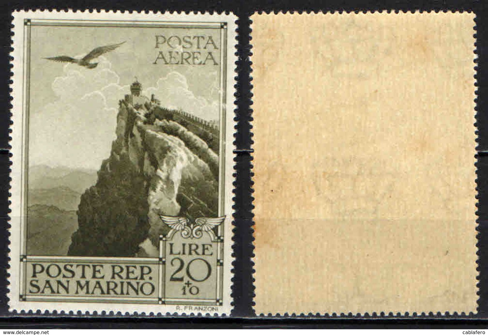 SAN MARINO - 1944 - AQUILA CHE SORVOLA LA SECONDA TORRE DEL MONTE TITANO - DUE MACCHIE SULLA GOMMA - MNH - Corréo Aéreo