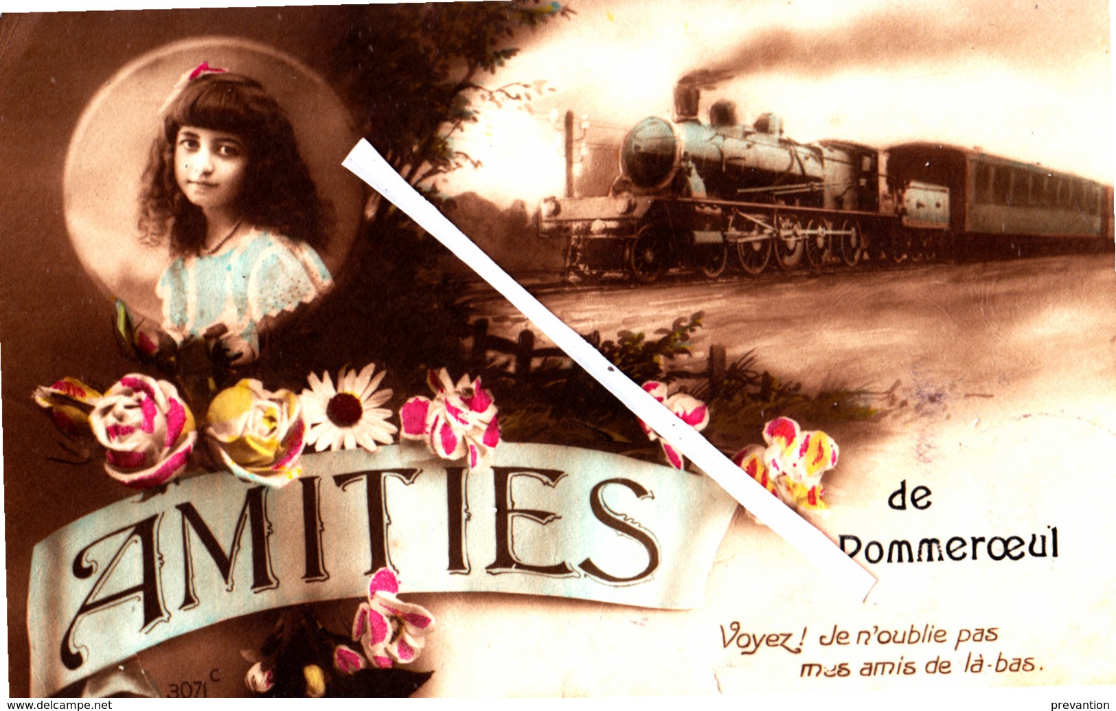 POMMEROEUL - Amitiès De - Carte Colorée Avec Locomotive à Vapeur Et Petite Fille Dans Médaillon - Bernissart