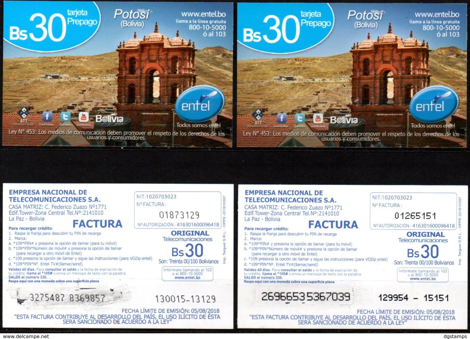 Bolivia 2017-05-08-18 Prepago ENTEL. Arquitectura. Monumento Y Cerro Rico. Potosi. Plastico. Diferentes Impresiones. - Bolivie