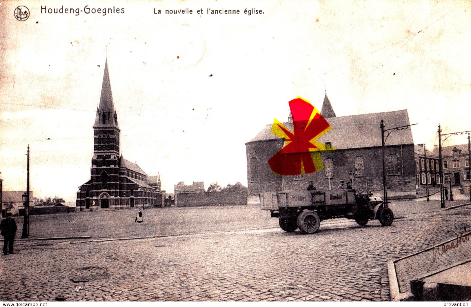 HOUDENG-GOEGNIES  - La Nouvelle Et L'ancienne Eglise -(à L'avant Plan Camion Du "Moulins Dambot" - La Louvière