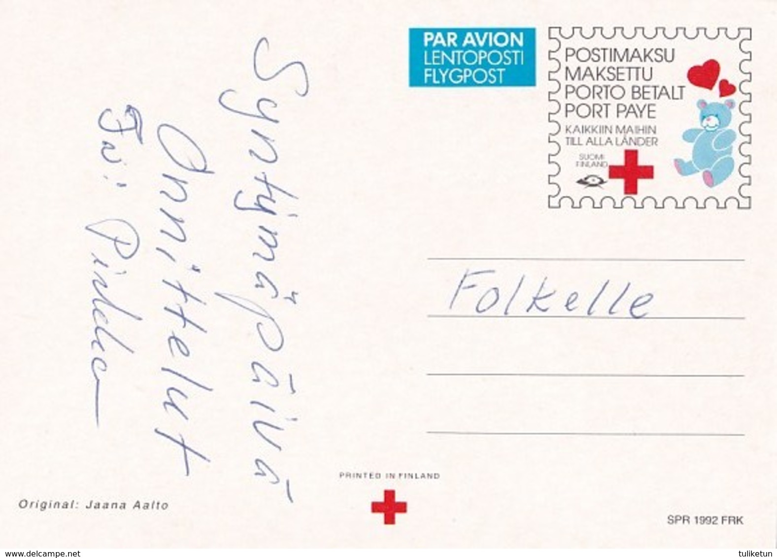 Postal Stationery - Flowers - Roses For Friendship - Jaana Aalto - Red Cross 1992 - Suomi Finland - Postage Paid - Entiers Postaux
