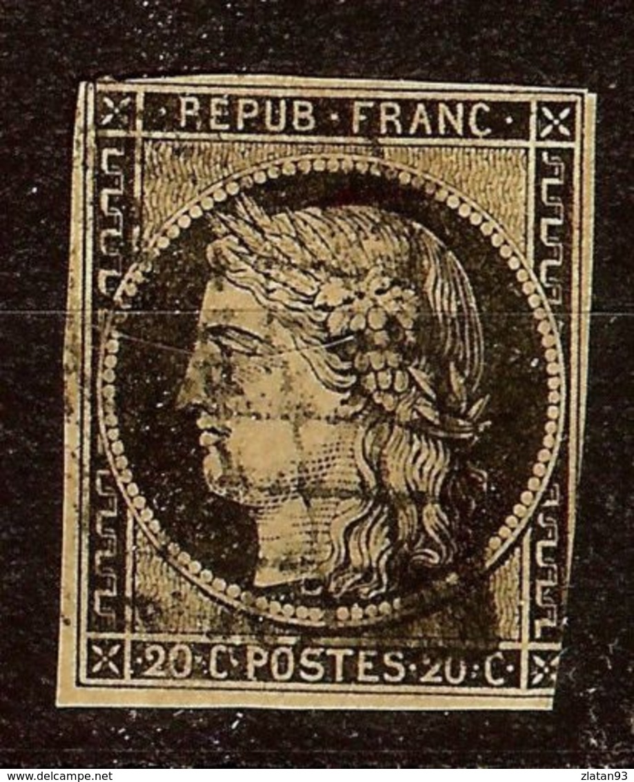 RARE CERES N°3b 20c Noir / Chamois Oblitéré GRILLE Cote 200 Euro PAS D'AMINCI - 1849-1850 Ceres