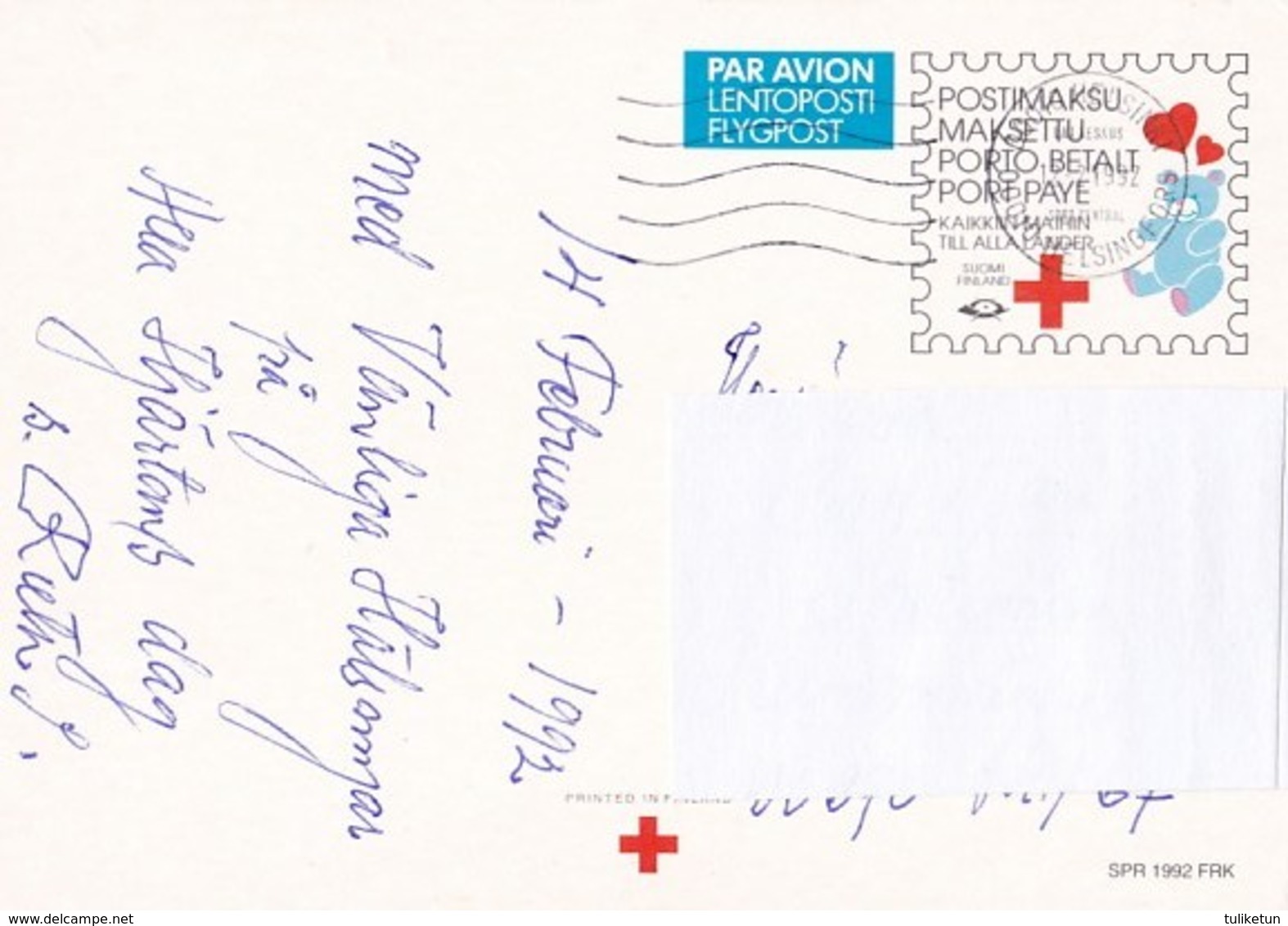 Boy And Girl Together - For Friendship - Red Cross 1992 - Suomi Finland - Postage Paid - Croix-Rouge