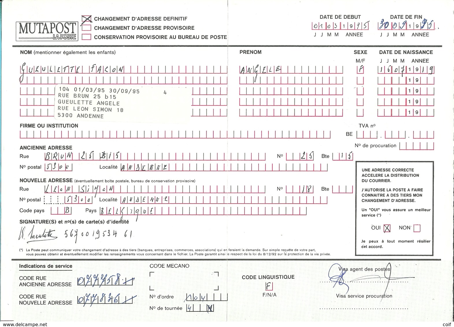 MUTAPOST "LA BONNE ADRESSE" / DEMENAGEMENT (124M) 2236+2576 Met Stempel ANDENNE - 1981-1990 Velghe