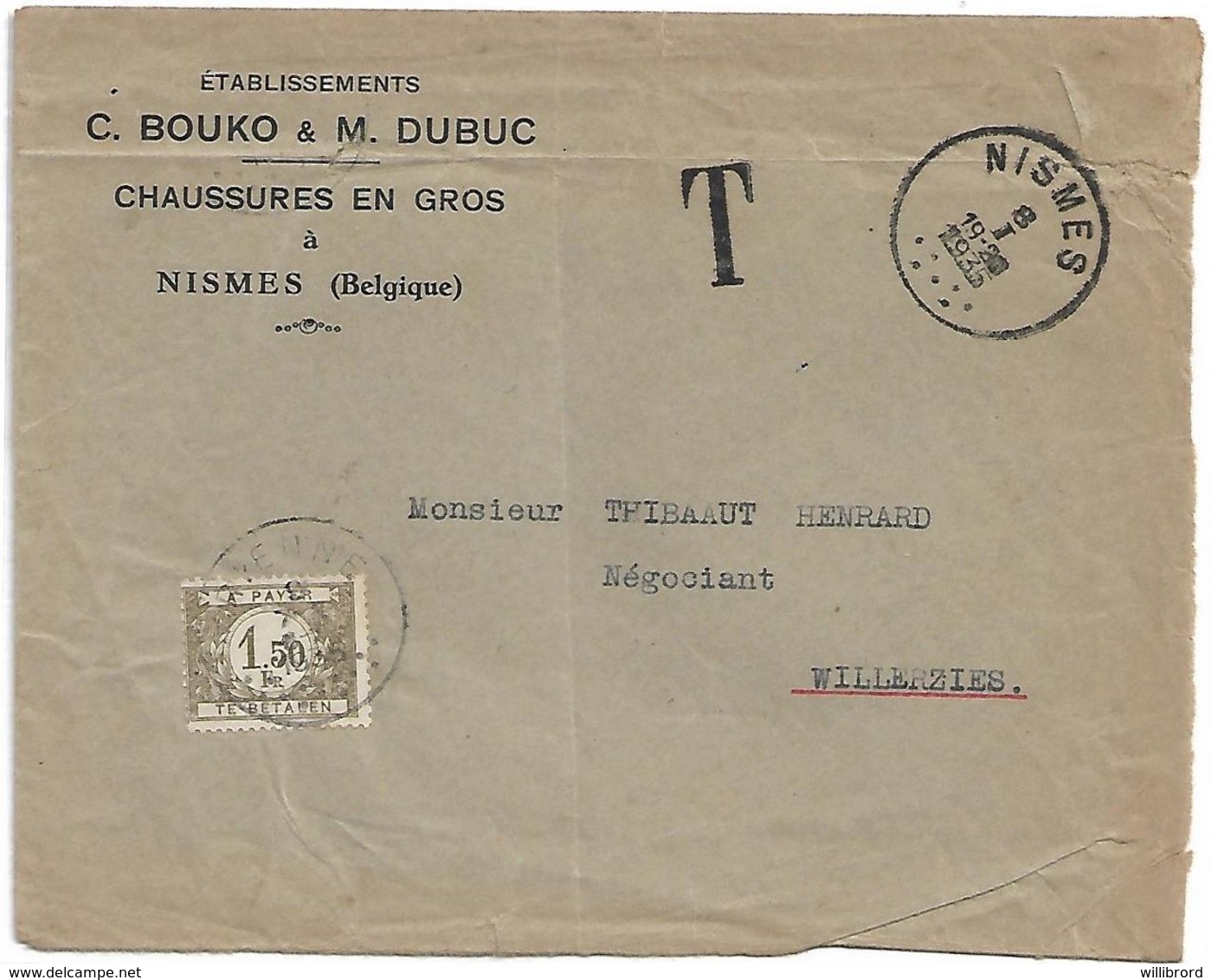 Belgium - 1935 Nismes Unpaid - Postage Due Paid At Rienne - Commercial Cover - Lettres & Documents