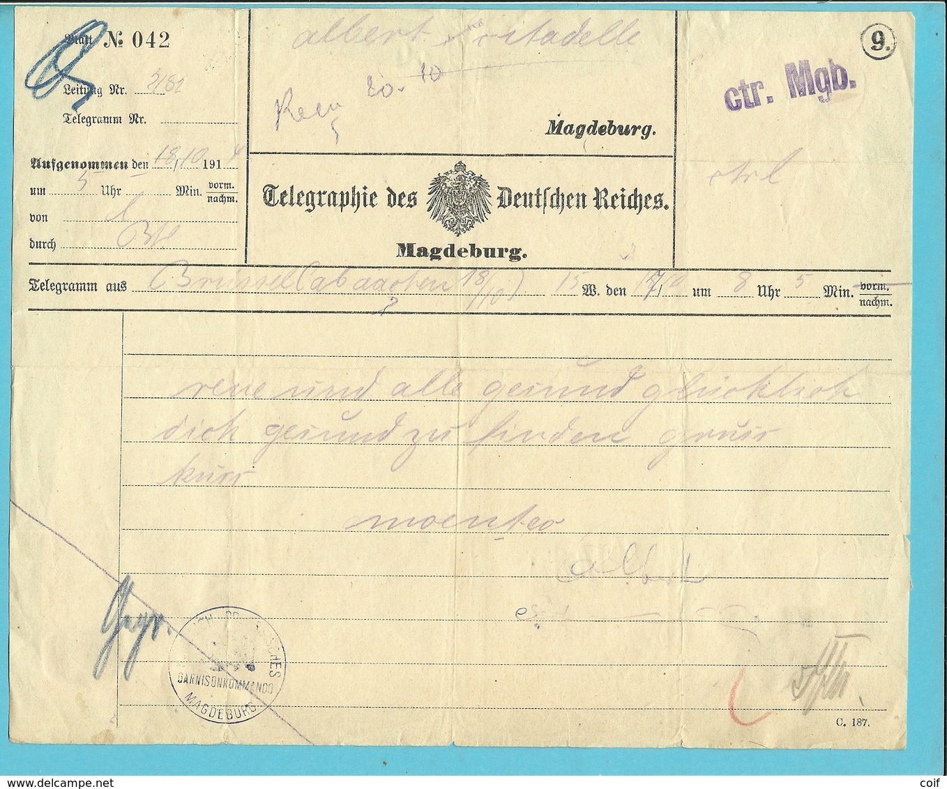 TELEGRAMME/ TELEGRAPHIE DES DEUTSCHEN REICHS Van BRUSSEL 18/10/1914 Naar MAGDEBURG + Ctr. Mgb (controle) - Autres & Non Classés