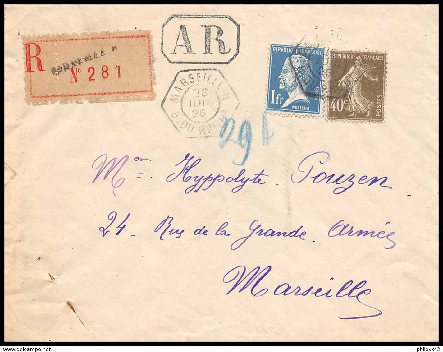 3720 Recommandé AR Lettre Bouches Du Rhone N°179 + 193 1f40 Pasteur Marseille A 1926 - 1921-1960: Période Moderne