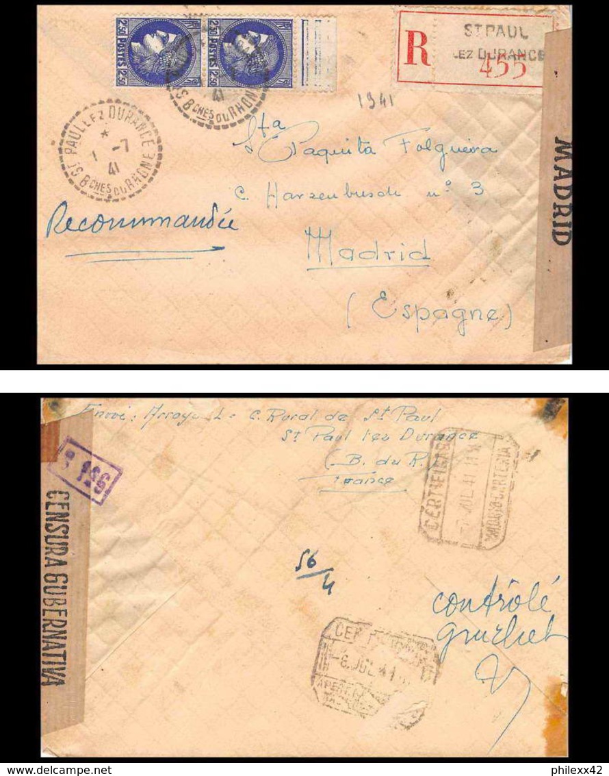 Lettre-2823 Bouches Du Rhone Guerre 1939/1945 N°375A Muller Censuré Saint-Paul-lès-Durance Madrid Espagne 7/7/1941 - Guerre De 1939-45