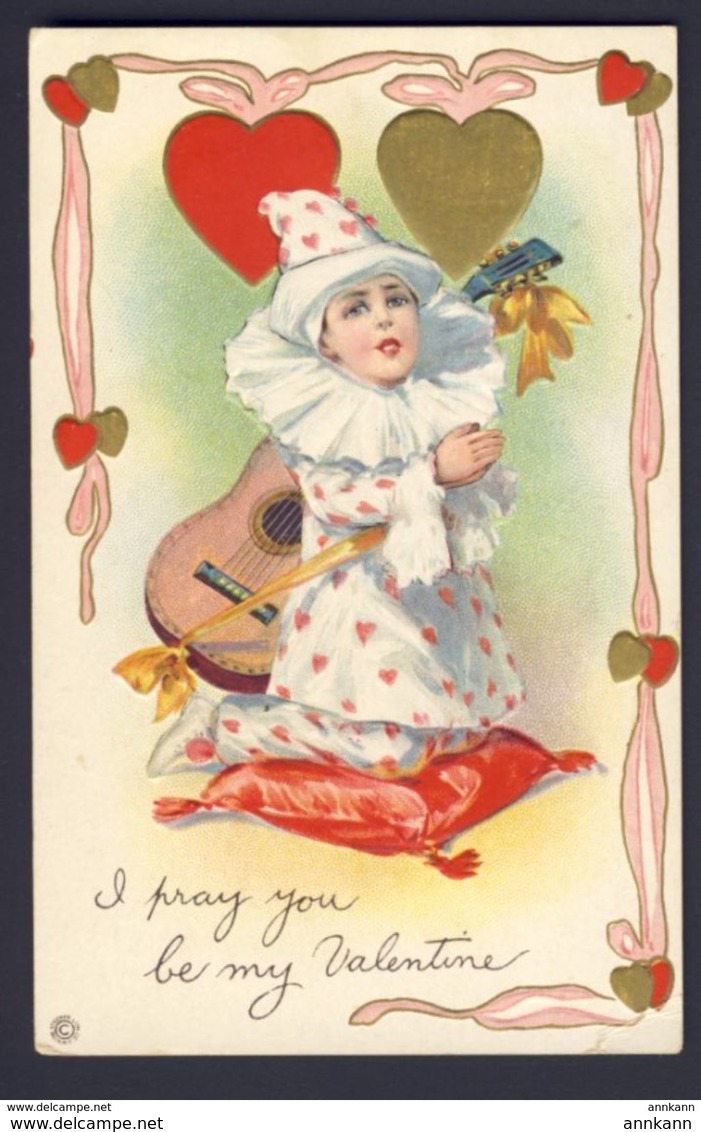 St VALENTINE'S DAY ~ I PRAY YOU BE MY VALENTINE Boy Dressed As A Clown, Guitar, Red Pillow, Gold & Red Hearts - Saint-Valentin