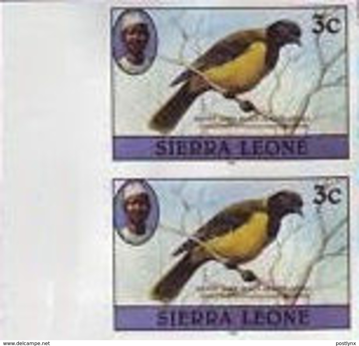 SIERRA LEONE 1980 Birds Oriole 3c Imp.1981 Wmk CA MARG.IMPERF.PAIR - Sierra Leone (1961-...)