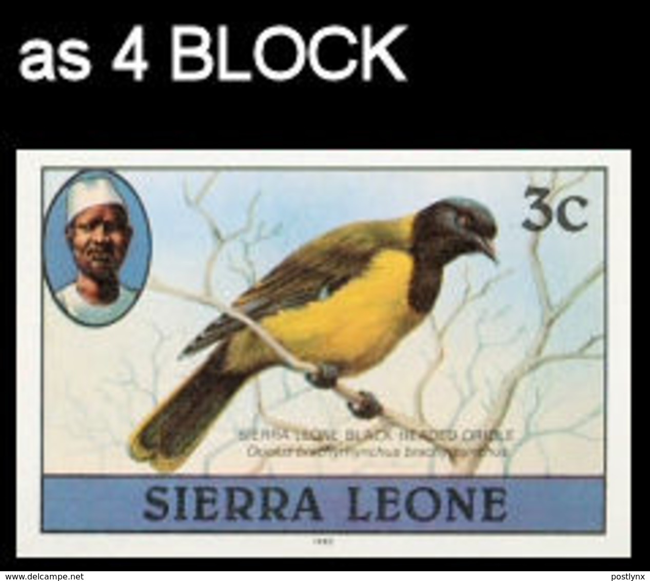 SIERRA LEONE 1980 Birds Oriole 3c Imp.1982 Wmk CA IMPERF.4-BLOCK - Sierra Leone (1961-...)